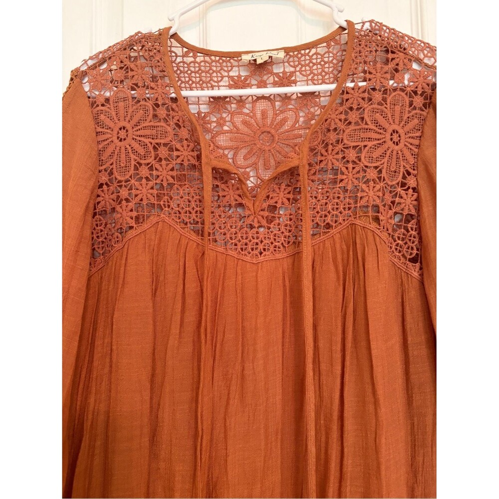 Kings Road Rust Boho Lace Yoke Long Sleeve Peasant Dress Tunic - Size L - Picture 4 of 8